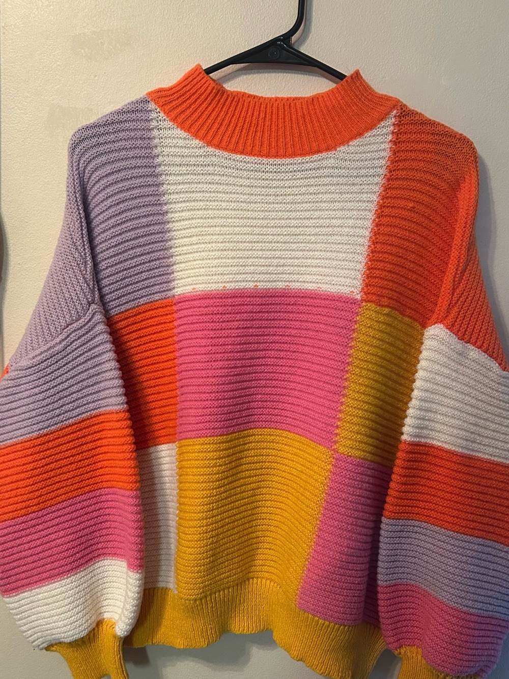Colorblock Rib-Knit Sweater in Pink, Orange, Yellow, Lilac, and White